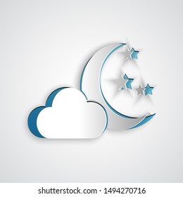 Paper cut Cloud with moon and stars icon isolated on grey background. Cloudy night sign. Sleep dreams symbol. Night or bed time sign. Paper art style. Vector Illustration
