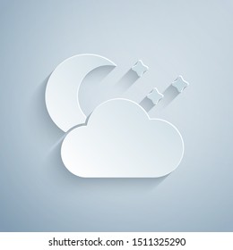 Paper cut Cloud with moon and stars icon isolated on grey background. Cloudy night sign. Sleep dreams symbol. Night or bed time sign. Paper art style. Vector Illustration