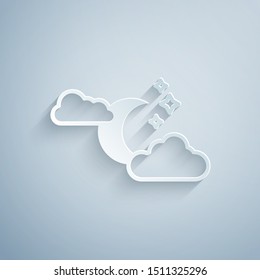 Paper cut Cloud with moon and stars icon isolated on grey background. Cloudy night sign. Sleep dreams symbol. Night or bed time sign. Paper art style. Vector Illustration