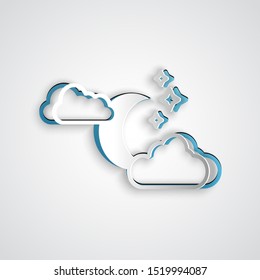 Paper cut Cloud with moon and stars icon isolated on grey background. Cloudy night sign. Sleep dreams symbol. Night or bed time sign. Paper art style. Vector Illustration