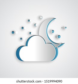 Paper cut Cloud with moon and stars icon isolated on grey background. Cloudy night sign. Sleep dreams symbol. Night or bed time sign. Paper art style. Vector Illustration