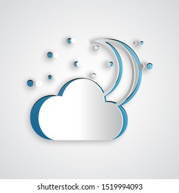 Paper cut Cloud with moon and stars icon isolated on grey background. Cloudy night sign. Sleep dreams symbol. Night or bed time sign. Paper art style. Vector Illustration