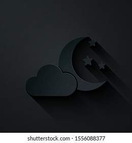 Paper cut Cloud with moon and stars icon isolated on black background. Cloudy night sign. Sleep dreams symbol. Night or bed time sign. Paper art style. Vector Illustration