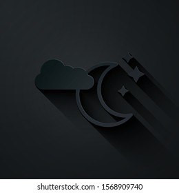 Paper cut Cloud with moon and stars icon isolated on black background. Cloudy night sign. Sleep dreams symbol. Night or bed time sign. Paper art style. Vector Illustration