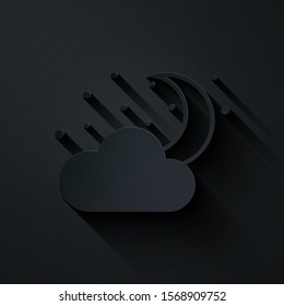 Paper cut Cloud with moon and stars icon isolated on black background. Cloudy night sign. Sleep dreams symbol. Night or bed time sign. Paper art style. Vector Illustration