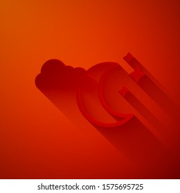 Paper cut Cloud with moon and stars icon isolated on red background. Cloudy night sign. Sleep dreams symbol. Night or bed time sign. Paper art style. Vector Illustration