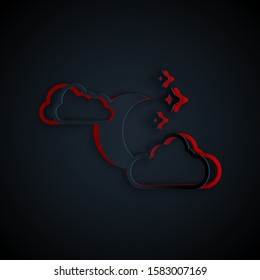 Paper cut Cloud with moon and stars icon isolated on black background. Cloudy night sign. Sleep dreams symbol. Night or bed time sign. Paper art style. Vector Illustration