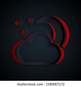 Paper cut Cloud with moon and stars icon isolated on black background. Cloudy night sign. Sleep dreams symbol. Night or bed time sign. Paper art style. Vector Illustration
