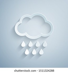 Paper cut Cloud with rain icon isolated on grey background. Rain cloud precipitation with rain drops. Paper art style. Vector Illustration