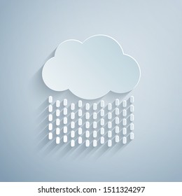 Paper cut Cloud with rain icon isolated on grey background. Rain cloud precipitation with rain drops. Paper art style. Vector Illustration