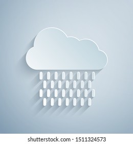 Paper cut Cloud with rain icon isolated on grey background. Rain cloud precipitation with rain drops. Paper art style. Vector Illustration