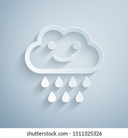 Paper cut Cloud with rain icon isolated on grey background. Rain cloud precipitation with rain drops. Paper art style. Vector Illustration