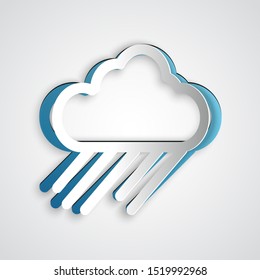 Paper cut Cloud with rain icon isolated on grey background. Rain cloud precipitation with rain drops. Paper art style. Vector Illustration
