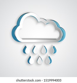 Paper cut Cloud with rain icon isolated on grey background. Rain cloud precipitation with rain drops. Paper art style. Vector Illustration