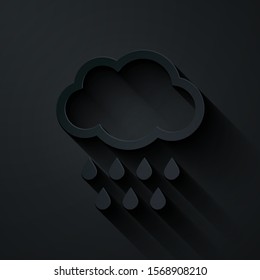 Paper cut Cloud with rain icon isolated on black background. Rain cloud precipitation with rain drops. Paper art style. Vector Illustration