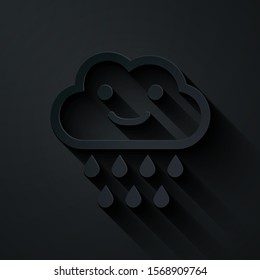 Paper cut Cloud with rain icon isolated on black background. Rain cloud precipitation with rain drops. Paper art style. Vector Illustration
