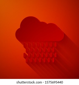 Paper cut Cloud with rain icon isolated on red background. Rain cloud precipitation with rain drops. Paper art style. Vector Illustration