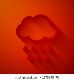 Paper cut Cloud with rain icon isolated on red background. Rain cloud precipitation with rain drops. Paper art style. Vector Illustration