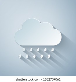 Paper cut Cloud with rain icon isolated on grey background. Rain nimbus cloud precipitation with rain drops. Paper art style. Vector Illustration