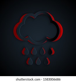 Paper cut Cloud with rain icon isolated on black background. Rain cloud precipitation with rain drops. Paper art style. Vector Illustration