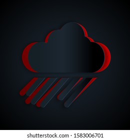 Paper cut Cloud with rain icon isolated on black background. Rain cloud precipitation with rain drops. Paper art style. Vector Illustration