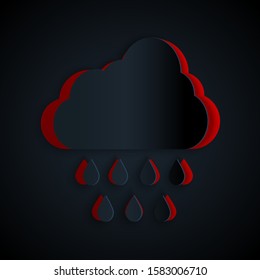 Paper cut Cloud with rain icon isolated on black background. Rain cloud precipitation with rain drops. Paper art style. Vector Illustration