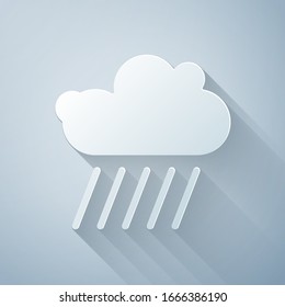 Paper cut Cloud with rain icon isolated on grey background. Rain cloud precipitation with rain drops. Paper art style. Vector Illustration