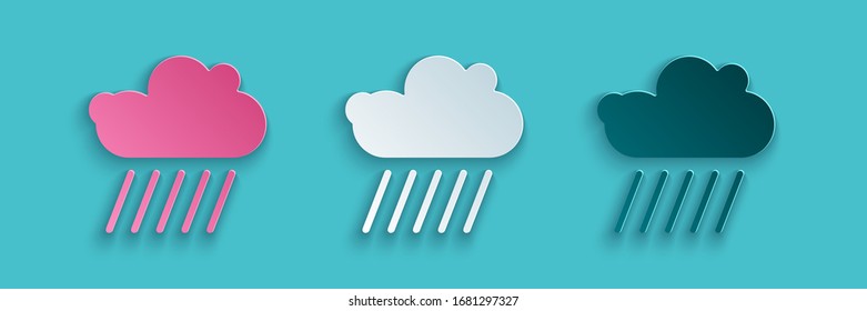 Papierschnitt Cloud mit Regensymbol einzeln auf blauem Hintergrund. Regenwolken-Niederschlag mit Regenfällen. Kunststil aus Papier. Vektorillustration-Illustration