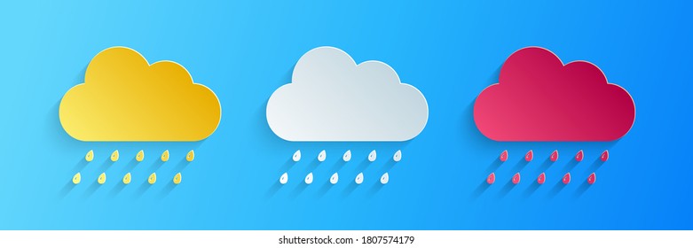 Paper cut Cloud with rain icon isolated on blue background. Rain nimbus cloud precipitation with rain drops. Paper art style. Vector.