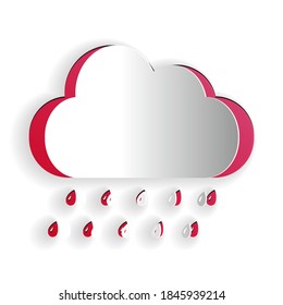 Corta papel Nube con el icono de la lluvia aislado en el fondo blanco. precipitación de nubes de nimbus con caídas de lluvia. Estilo de arte de papel. Vector.