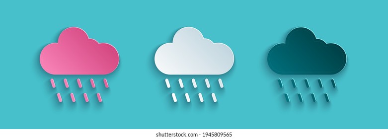Paper cut Cloud with rain icon isolated on blue background. Rain cloud precipitation with rain drops. Paper art style. Vector