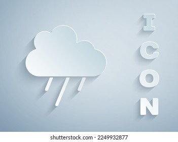 Paper cut Cloud with rain icon isolated on grey background. Rain cloud precipitation with rain drops. Paper art style. Vector