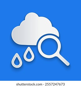 Paper cut Cloud with rain icon isolated on blue background. Rain cloud precipitation with rain drops. Paper art style. Vector