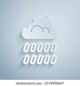 Paper cut Cloud with rain icon isolated on grey background. Rain cloud precipitation with rain drops. Paper art style. Vector