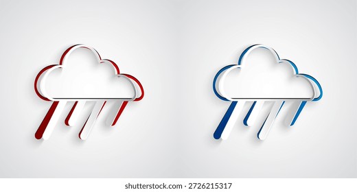 Nuvem de corte de papel com ícone de chuva isolado em fundo cinza. Precipitação de nuvens de chuva com gotas de chuva. Estilo da arte do papel. Vetor