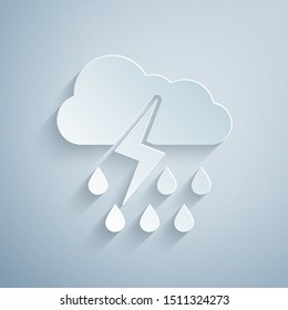 Paper cut Cloud with rain and lightning icon isolated on grey background. Rain cloud precipitation with rain drops.Weather icon of storm. Paper art style. Vector Illustration