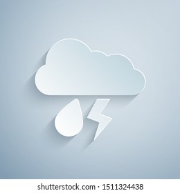 Paper cut Cloud with rain and lightning icon isolated on grey background. Rain cloud precipitation with rain drops.Weather icon of storm. Paper art style. Vector Illustration