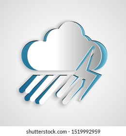 Paper cut Cloud with rain and lightning icon isolated on grey background. Rain cloud precipitation with rain drops.Weather icon of storm. Paper art style. Vector Illustration