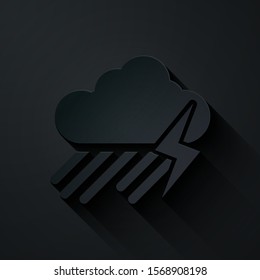 Paper cut Cloud with rain and lightning icon isolated on black background. Rain cloud precipitation with rain drops.Weather icon of storm. Paper art style. Vector Illustration