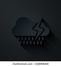 Paper cut Cloud with rain and lightning icon isolated on black background. Rain cloud precipitation with rain drops.Weather icon of storm. Paper art style. Vector Illustration
