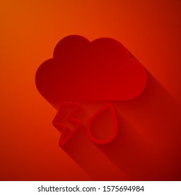 Paper cut Cloud with rain and lightning icon isolated on red background. Rain cloud precipitation with rain drops.Weather icon of storm. Paper art style. Vector Illustration