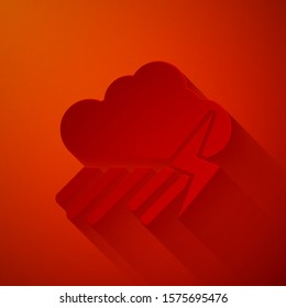 Paper cut Cloud with rain and lightning icon isolated on red background. Rain cloud precipitation with rain drops.Weather icon of storm. Paper art style. Vector Illustration