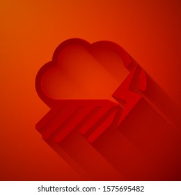 Paper cut Cloud with rain and lightning icon isolated on red background. Rain cloud precipitation with rain drops.Weather icon of storm. Paper art style. Vector Illustration