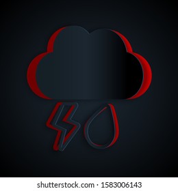 Paper cut Cloud with rain and lightning icon isolated on black background. Rain cloud precipitation with rain drops.Weather icon of storm. Paper art style. Vector Illustration