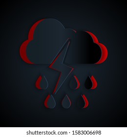 Paper cut Cloud with rain and lightning icon isolated on black background. Rain cloud precipitation with rain drops.Weather icon of storm. Paper art style. Vector Illustration