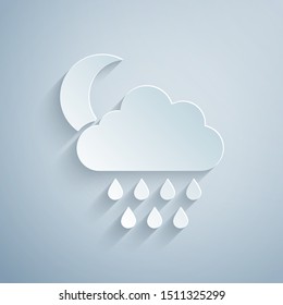 Paper cut Cloud with rain and moon icon isolated on grey background. Rain cloud precipitation with rain drops. Paper art style. Vector Illustration