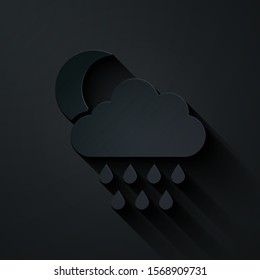 Paper cut Cloud with rain and moon icon isolated on black background. Rain cloud precipitation with rain drops. Paper art style. Vector Illustration