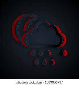 Paper cut Cloud with rain and moon icon isolated on black background. Rain cloud precipitation with rain drops. Paper art style. Vector Illustration