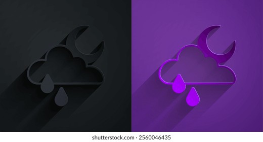 Paper cut Cloud with rain and moon icon isolated on black on purple background. Rain cloud precipitation with rain drops. Paper art style. Vector