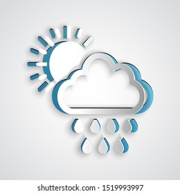 Paper cut Cloud with rain and sun icon isolated on grey background. Rain cloud precipitation with rain drops. Paper art style. Vector Illustration